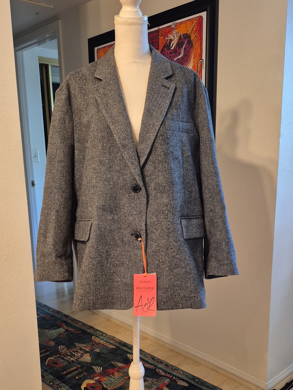 Max & Co Ack De-coated Wool Blazer Gray Herringbone Tweed Oversized